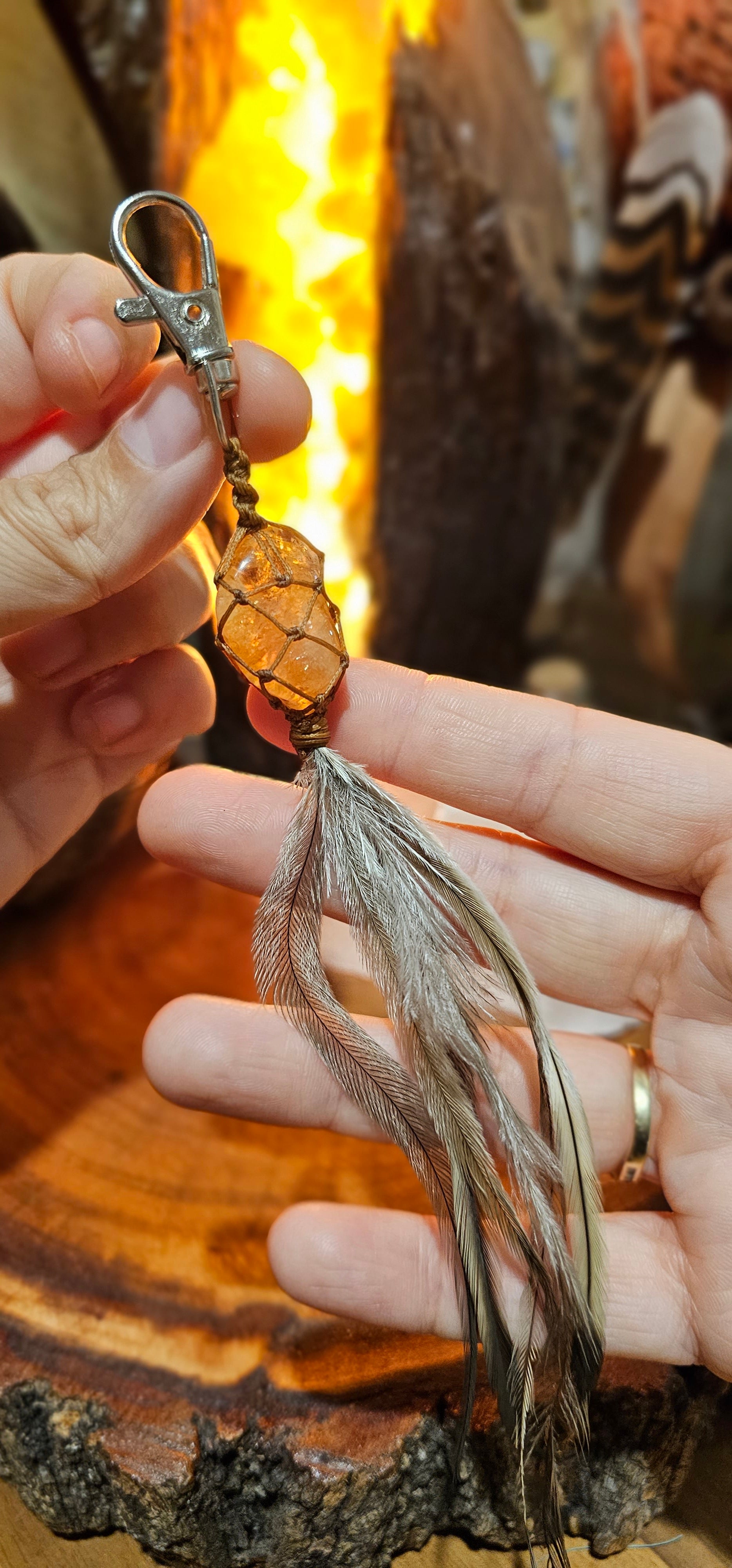 Crystal and Emu Feather Keyring - Citrine