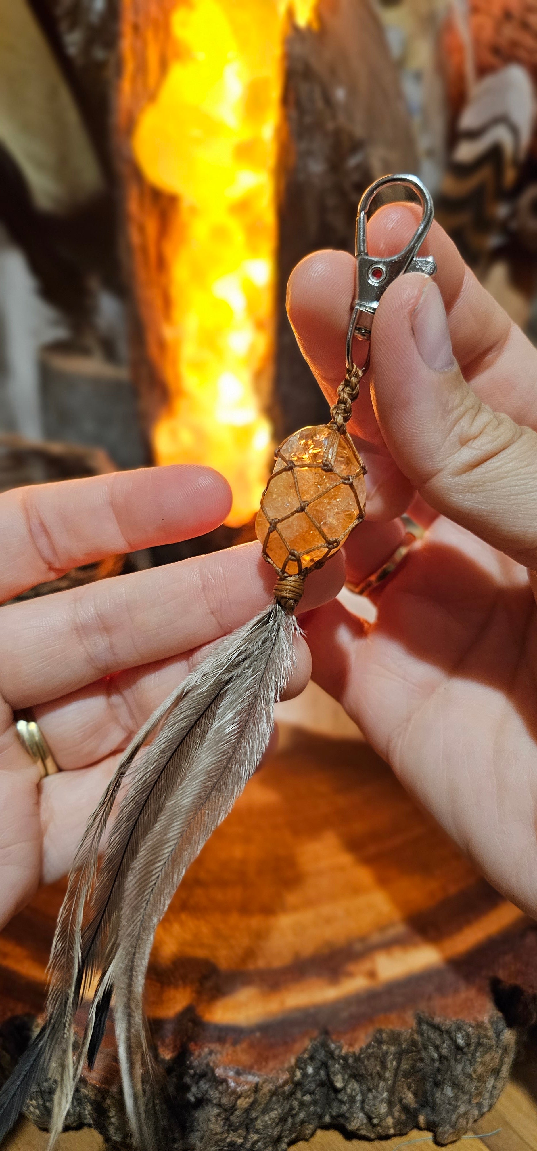 Crystal and Emu Feather Keyring - Citrine