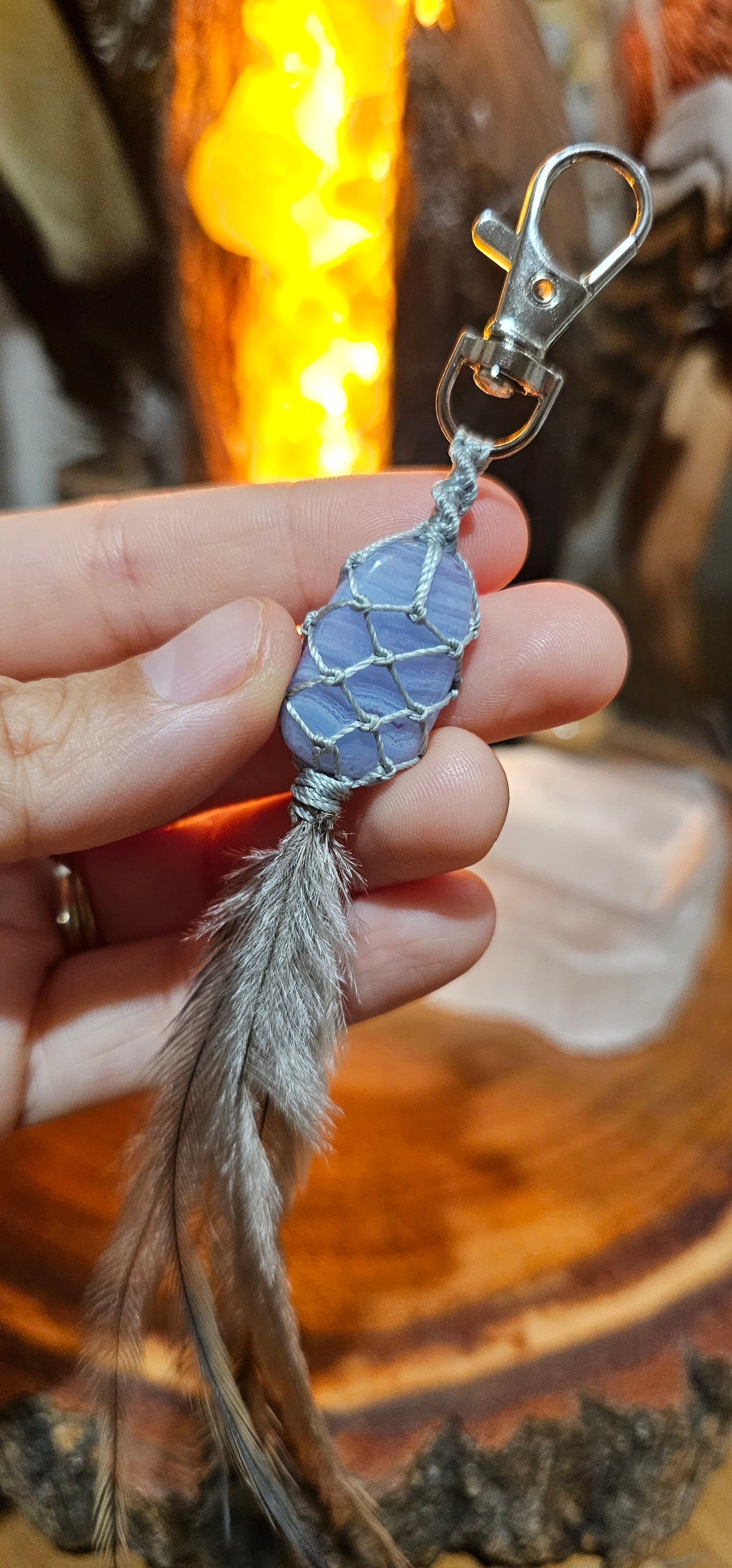 Crystal and Emu Feather Keyring - Blue Lace Agate