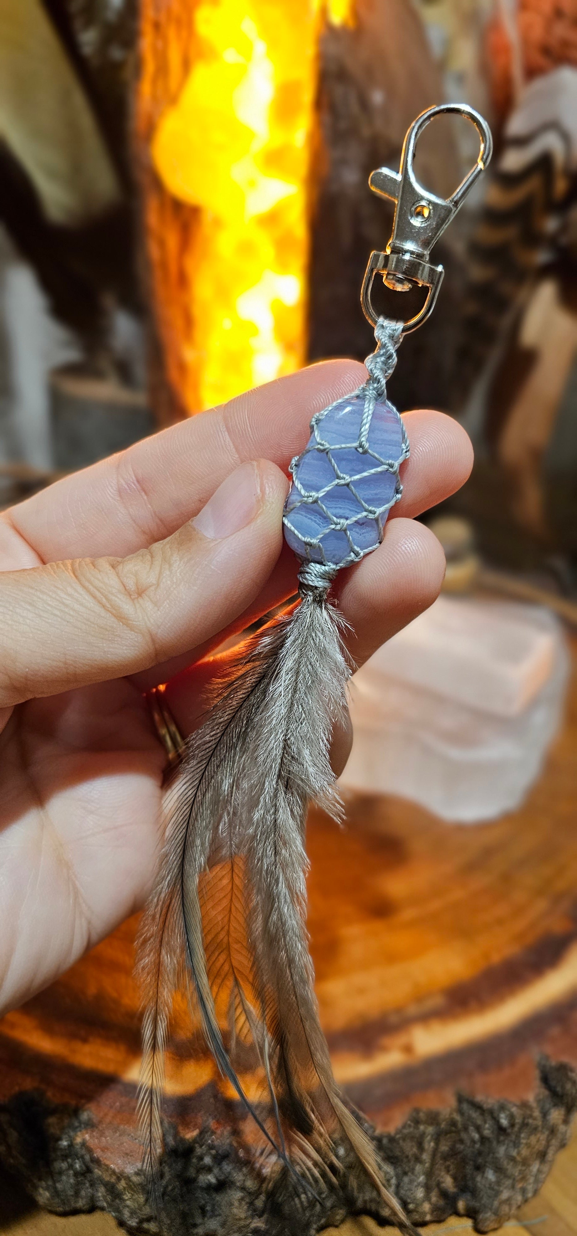 Crystal and Emu Feather Keyring - Blue Lace Agate