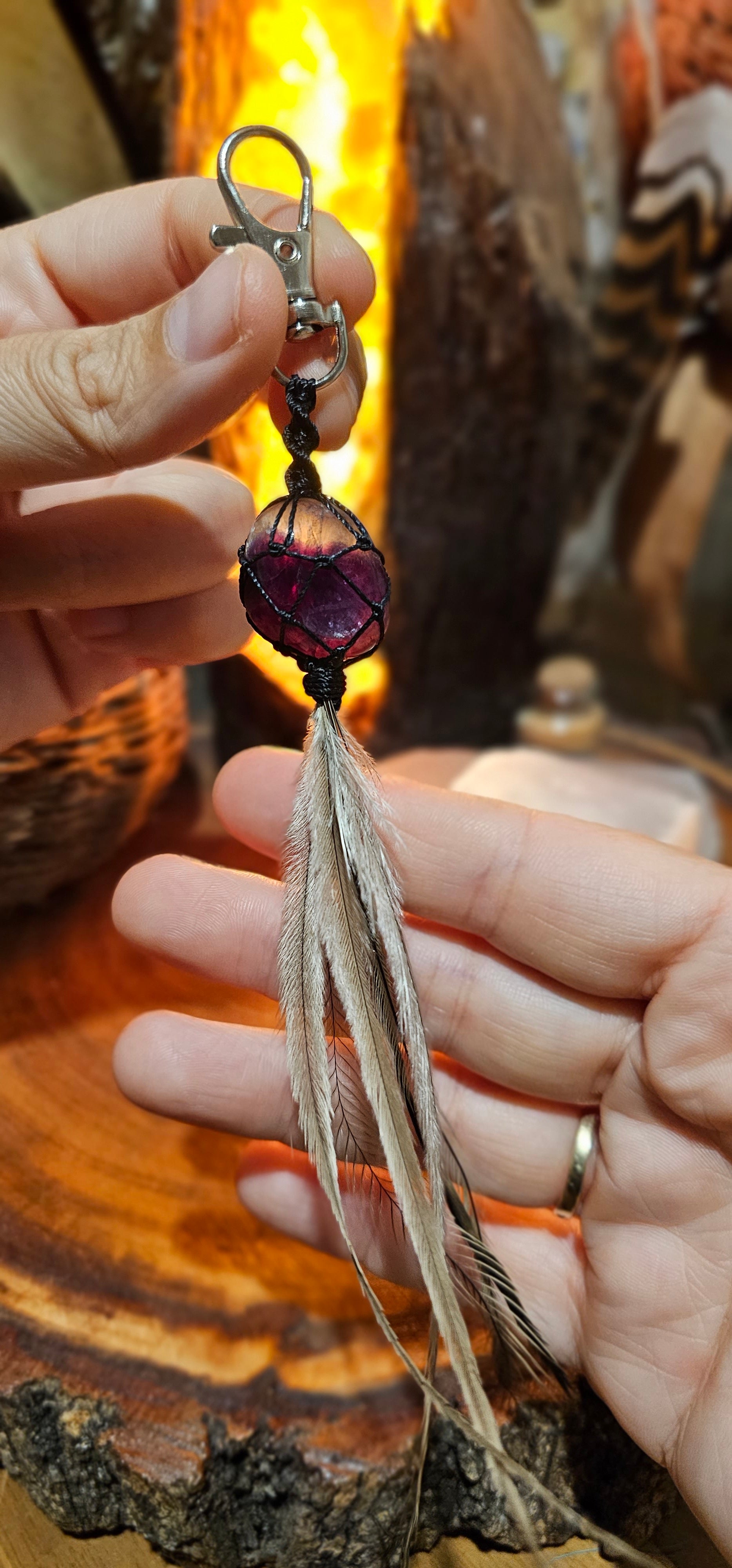 Crystal and Emu Feather Keyring - Purple Fluorite