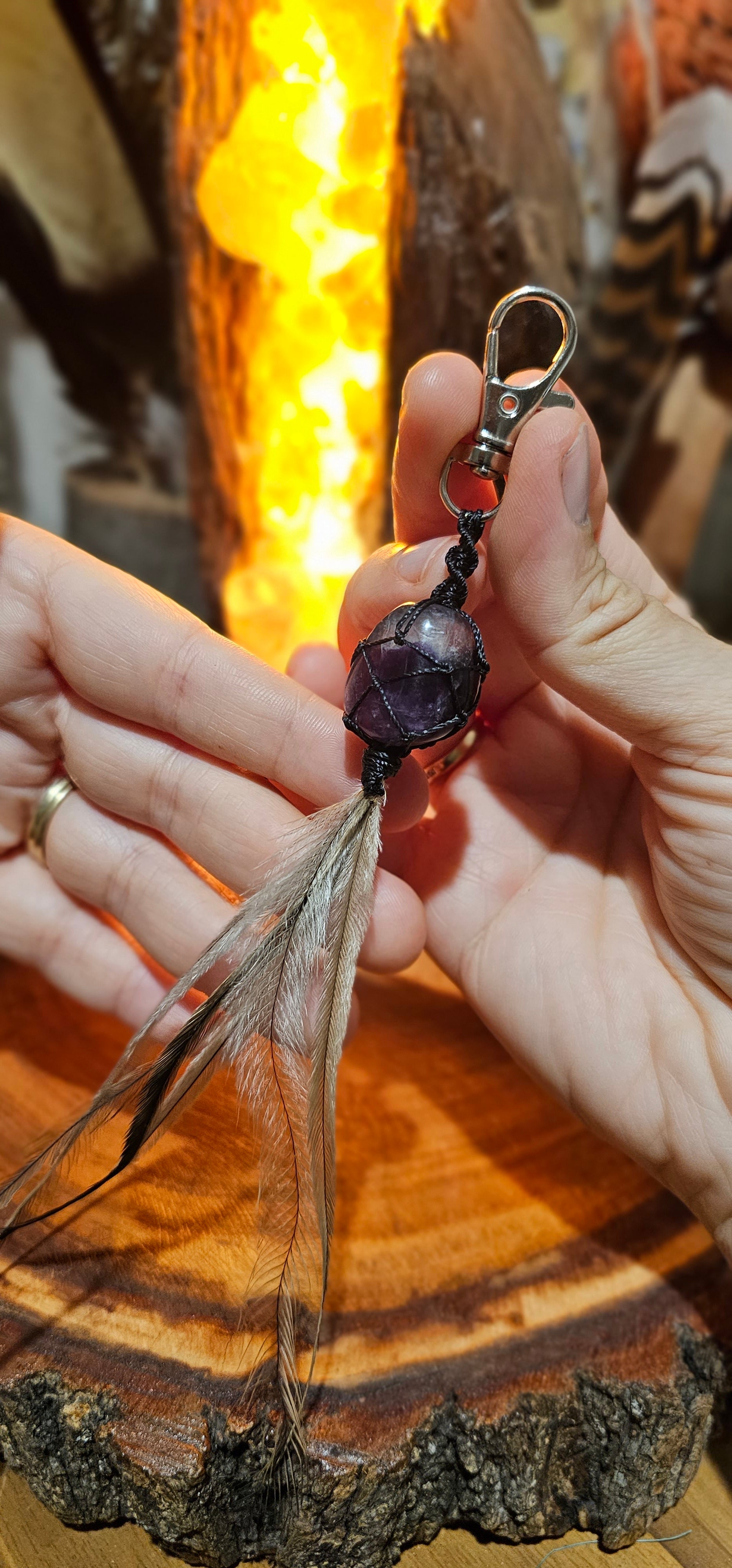 Crystal and Emu Feather Keyring - Purple Fluorite