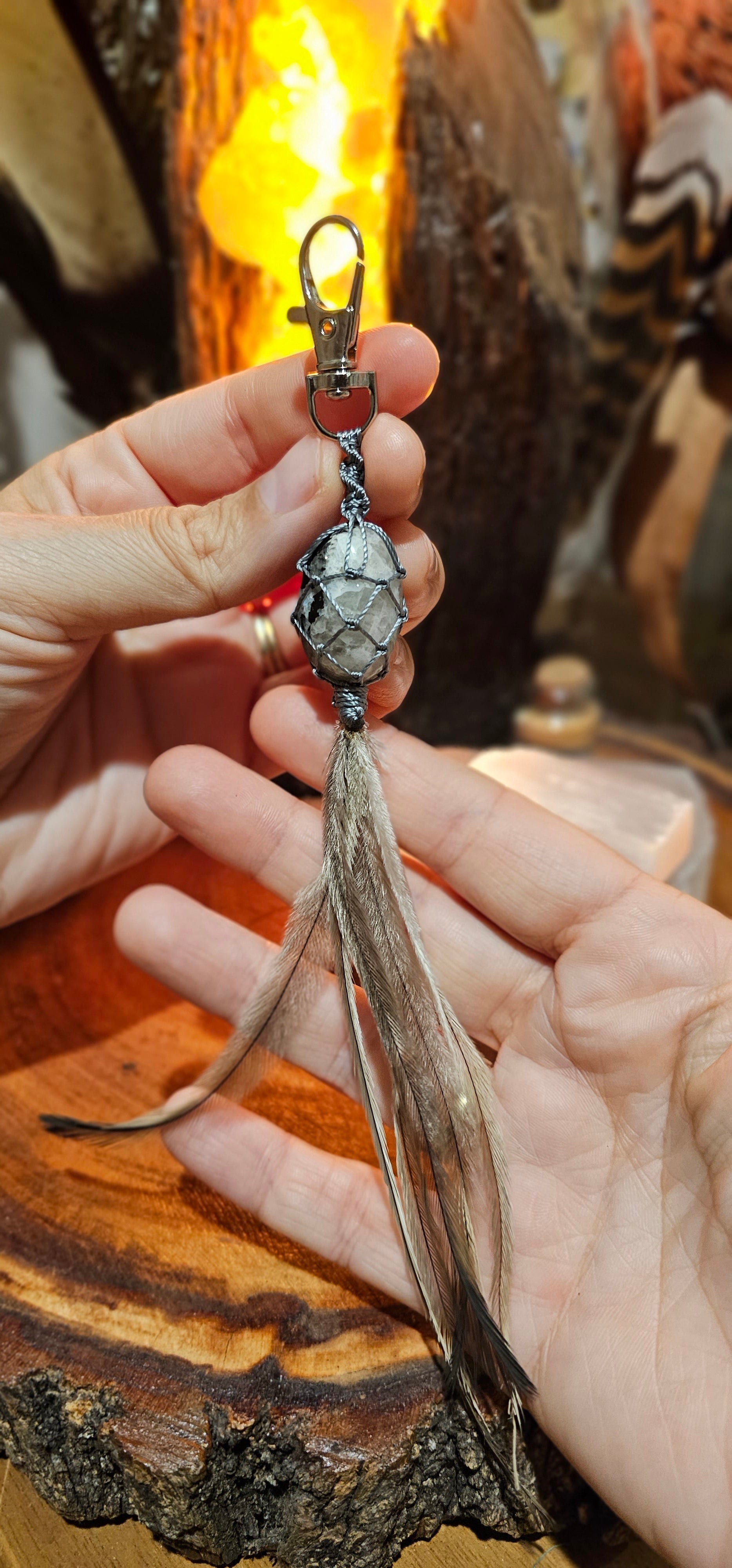 Crystal and Emu Feather Keyring - Rainbow Moonstone