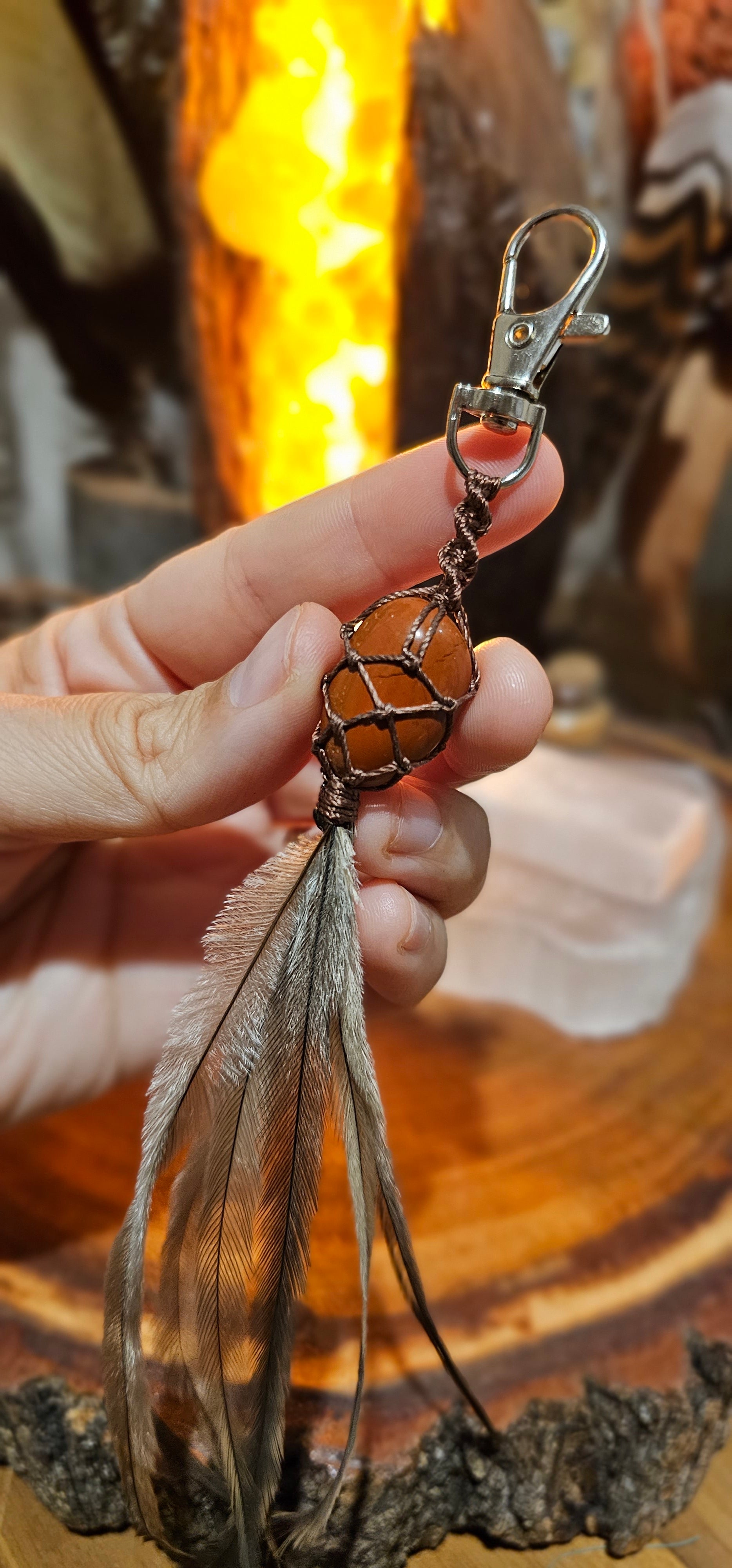 Crystal and Emu Feather Keyring - Red Jasper