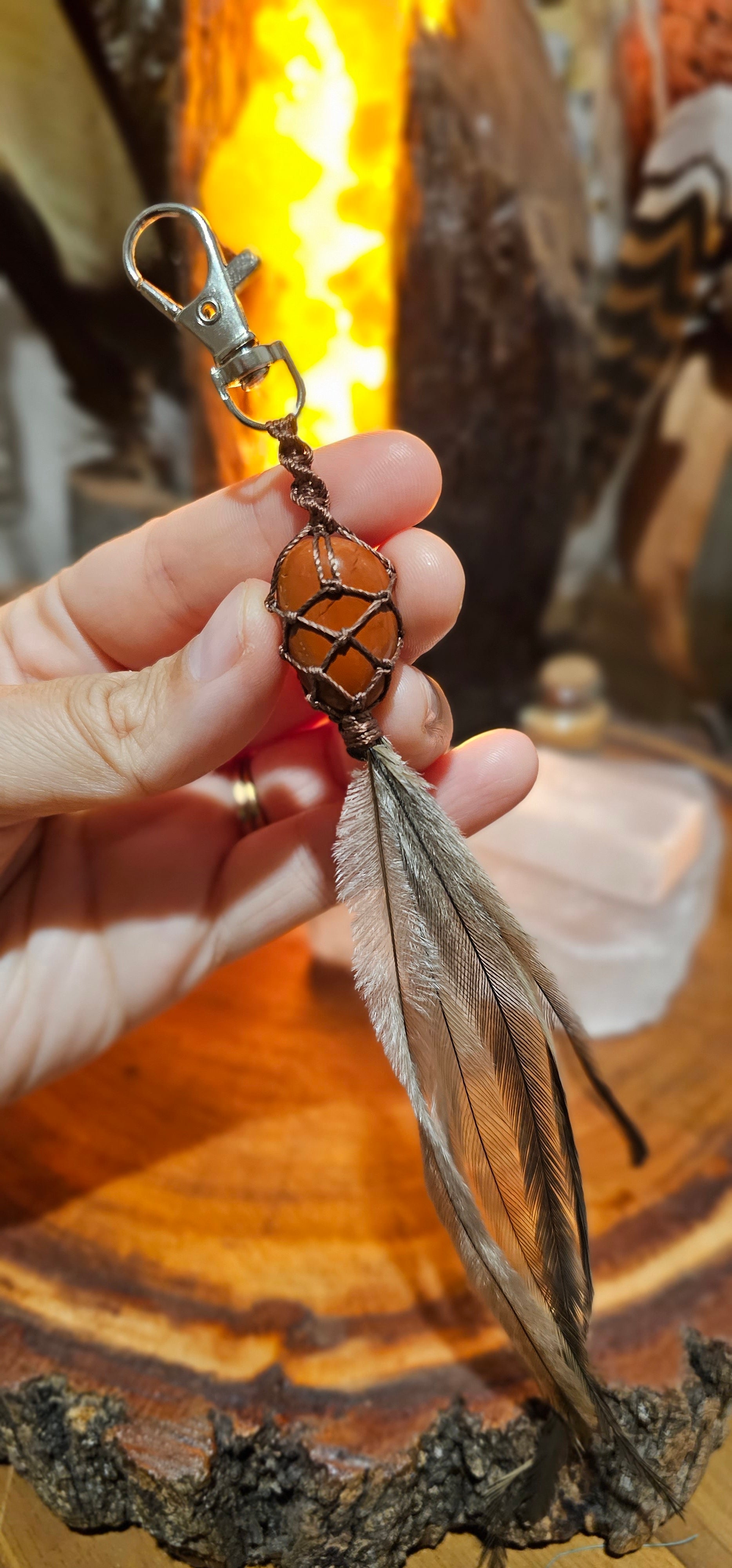 Crystal and Emu Feather Keyring - Red Jasper