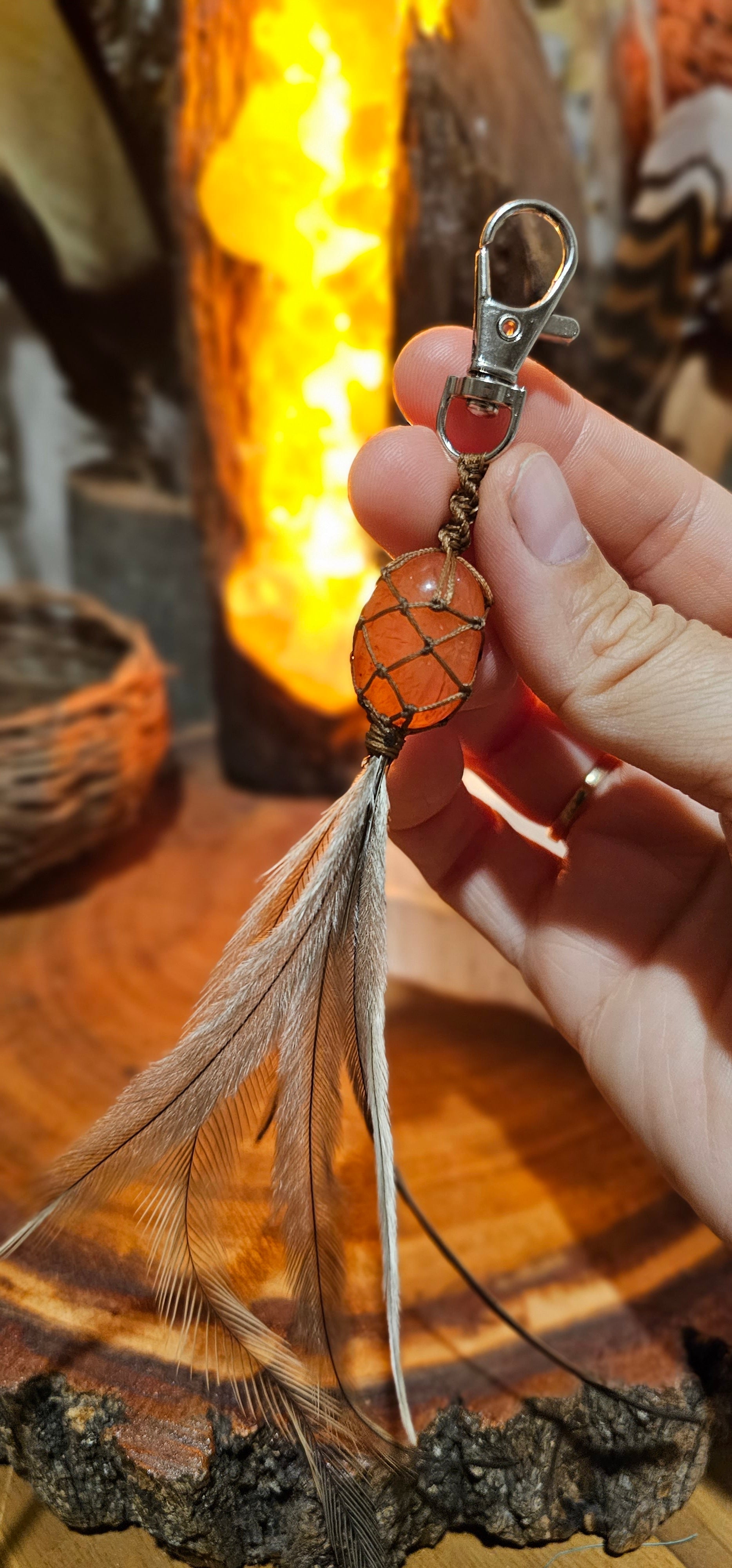 Crystal and Emu Feather Keyring - Carnelian