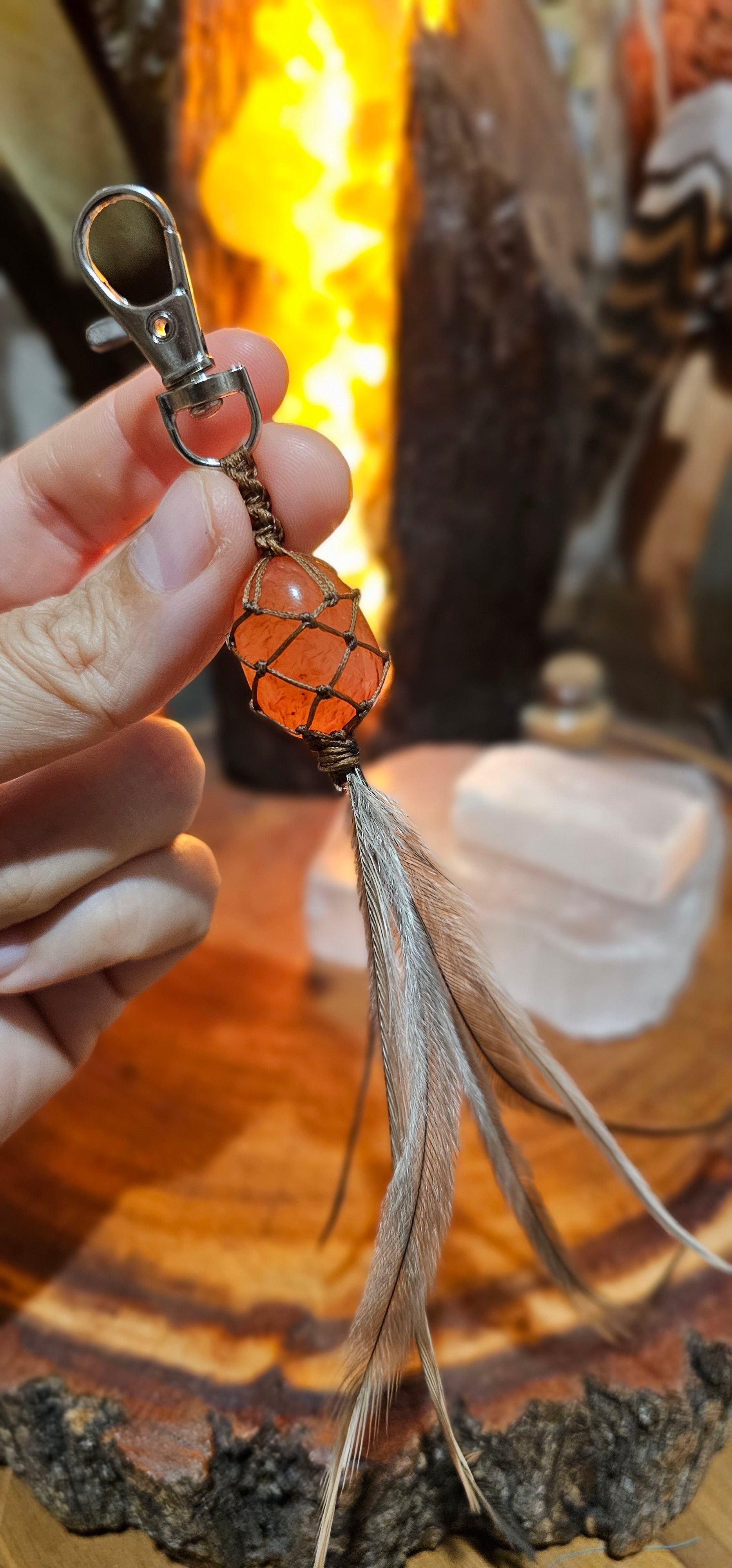 Crystal and Emu Feather Keyring - Carnelian