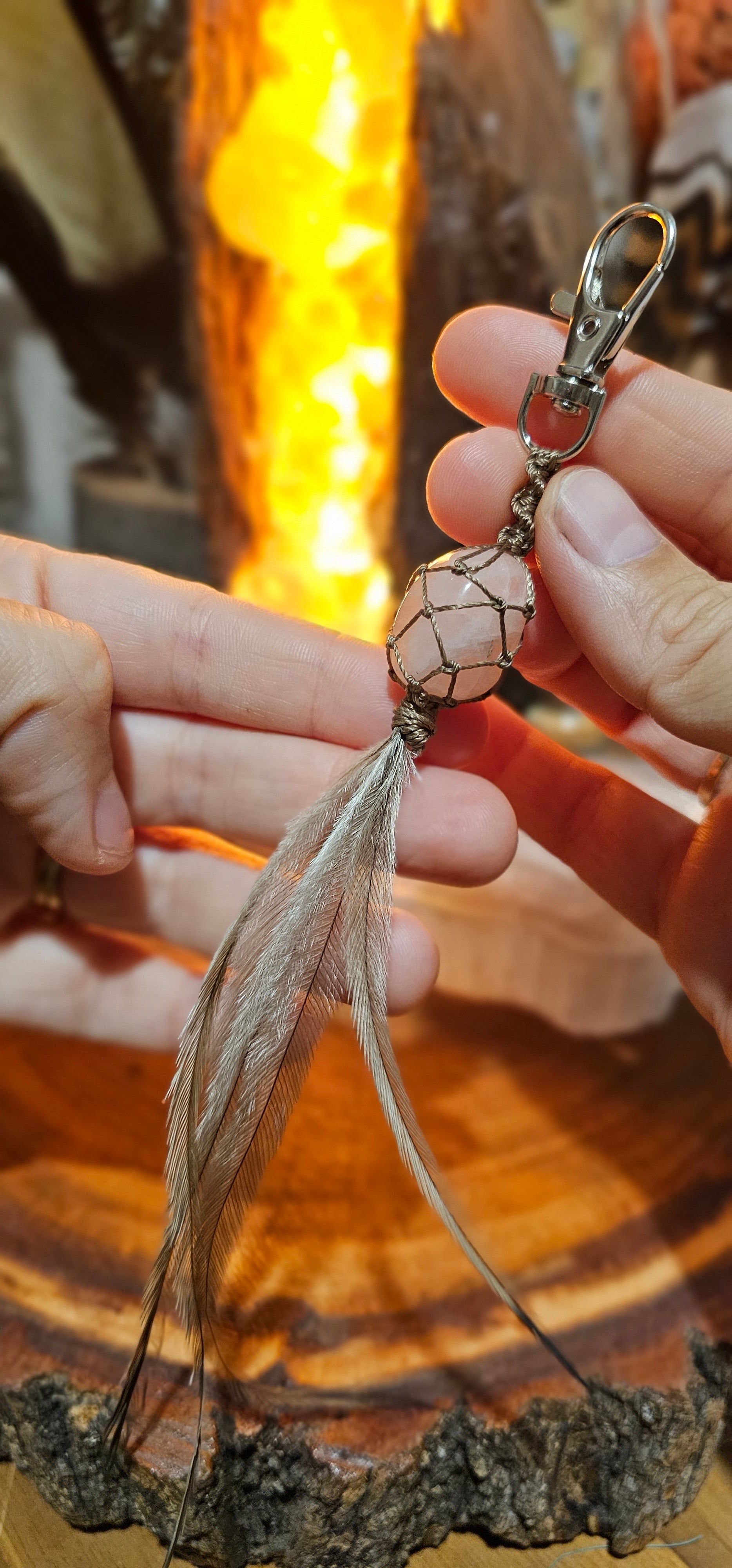 Crystal and Emu Feather Keyring - Rose Quartz