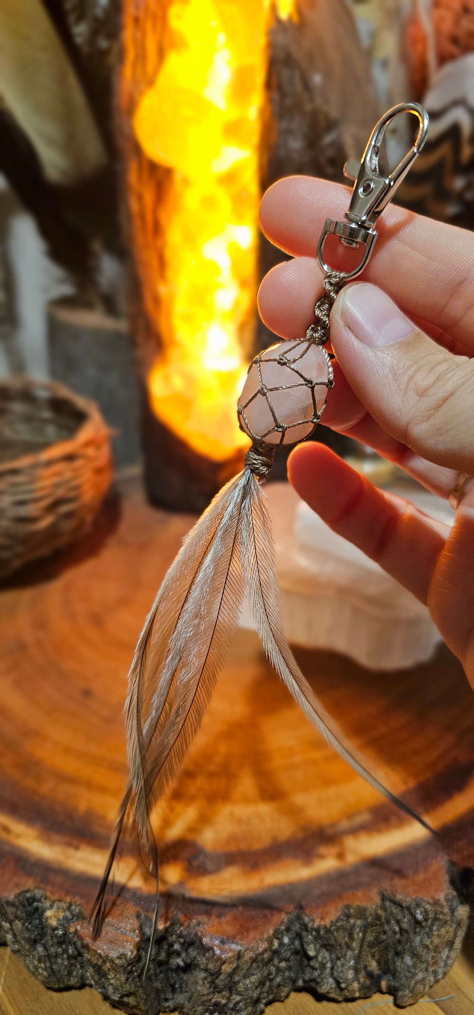 Crystal and Emu Feather Keyring - Rose Quartz