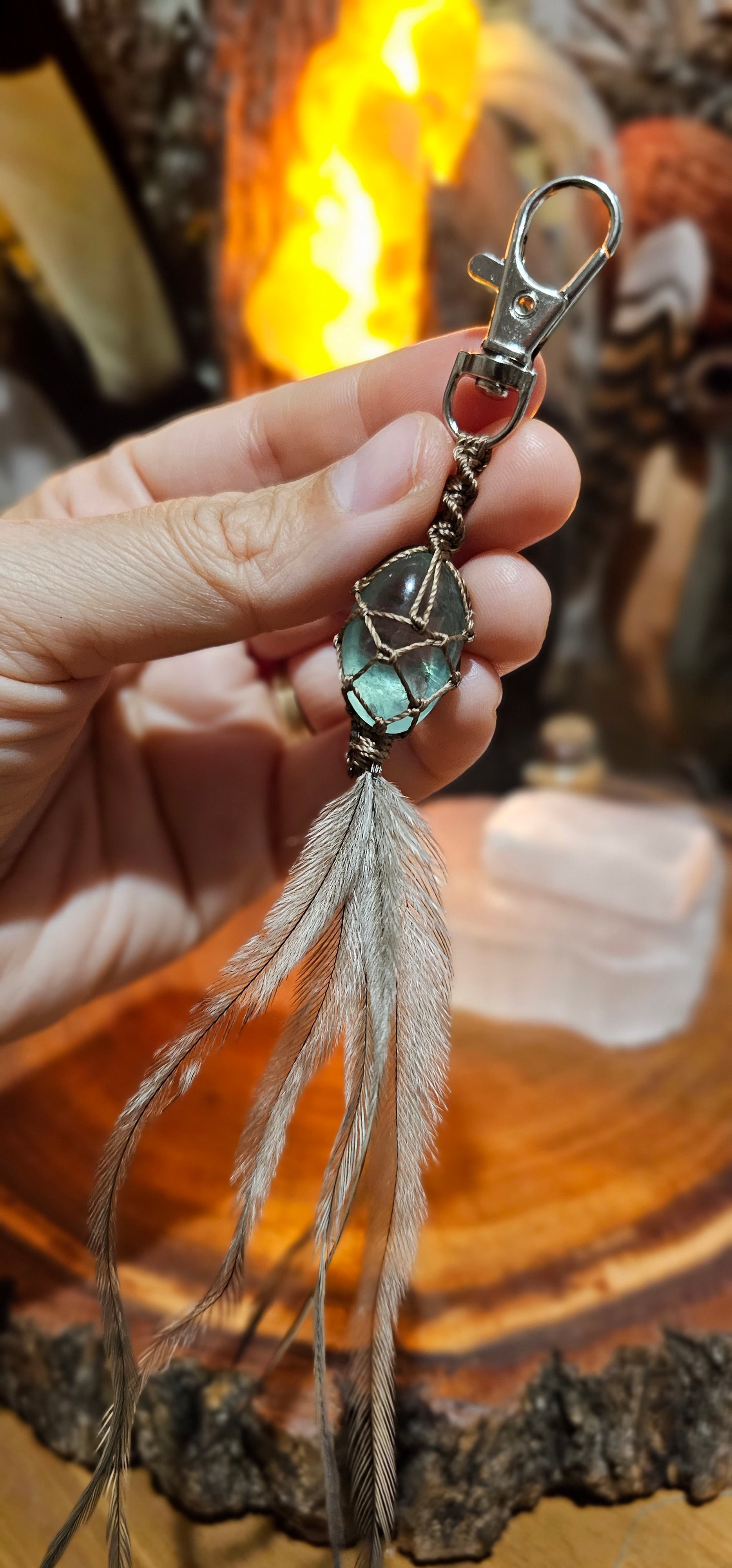 Crystal and Emu Feather Keyring - Green Fluorite