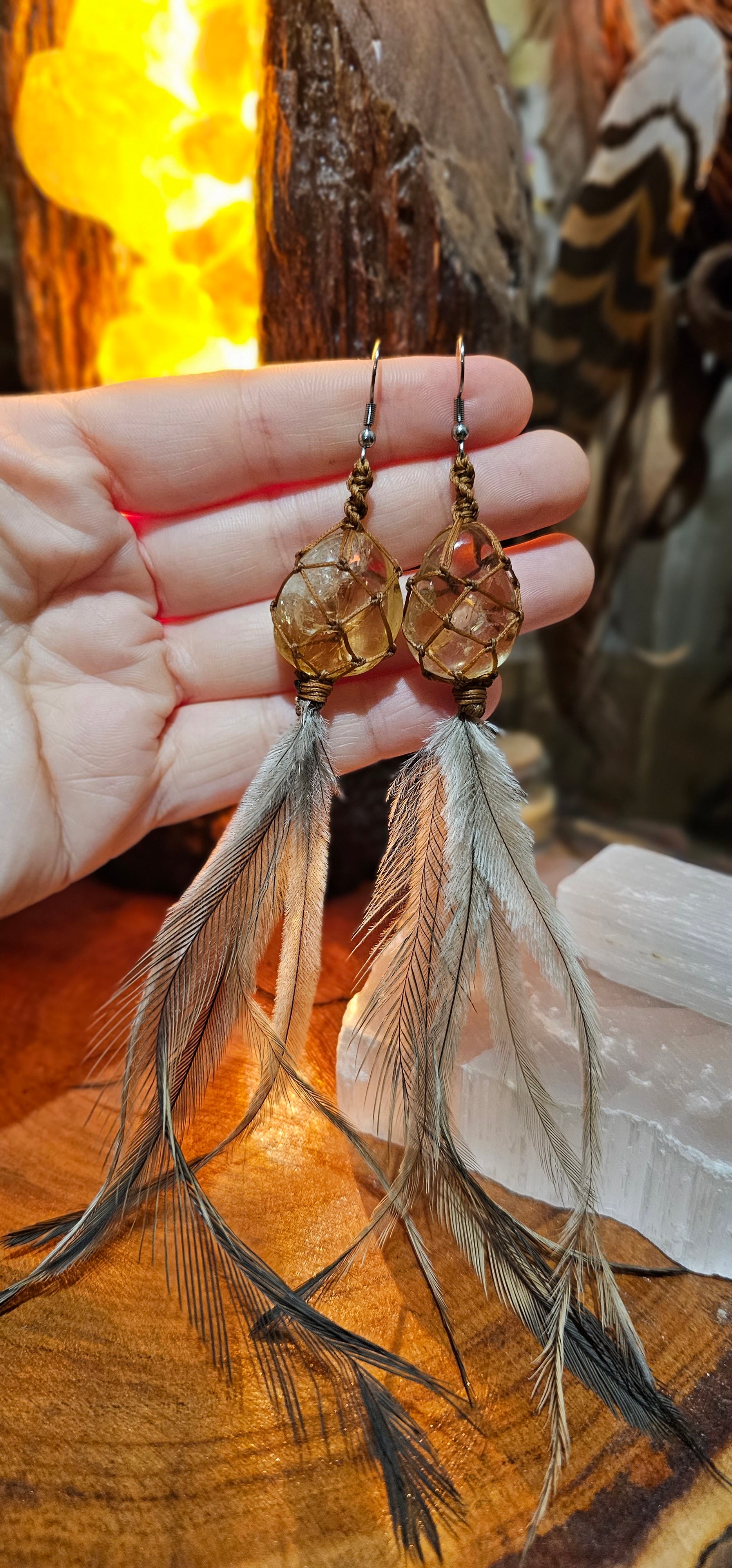 Emu Feather Crystal Earrings - Citrine