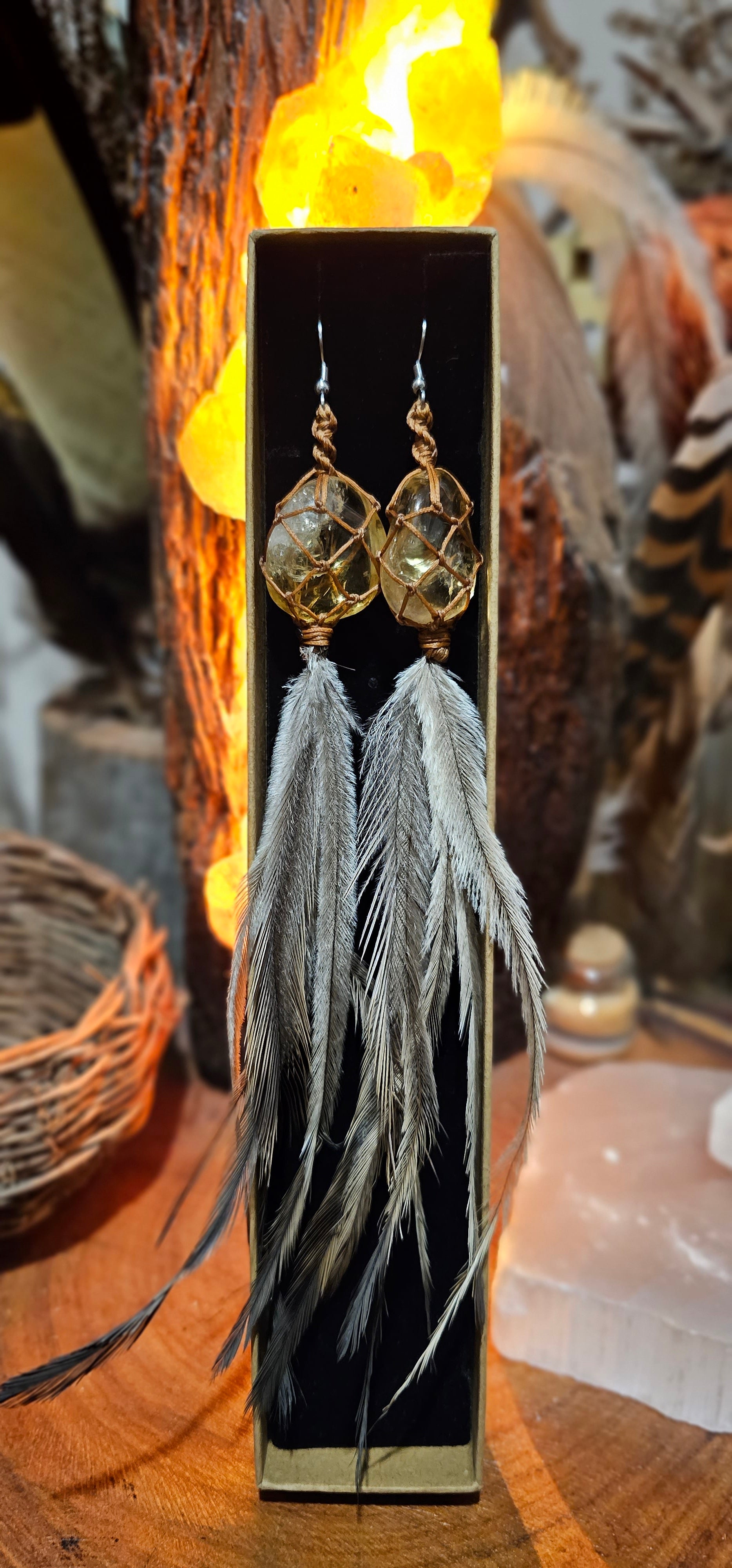 Emu Feather Crystal Earrings - Citrine