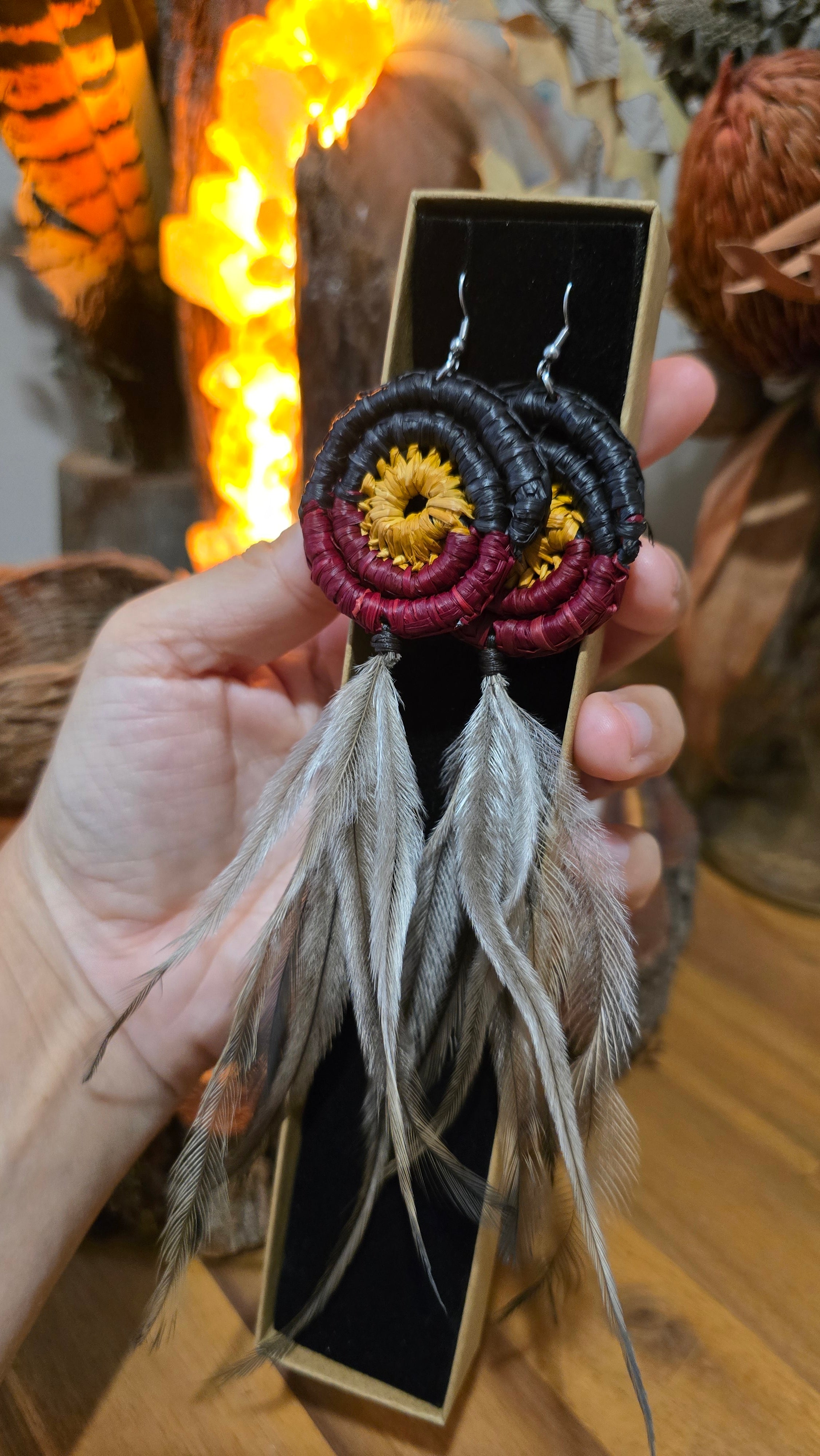 Woven Earrings - Aboriginal Flag and Emu Feathers